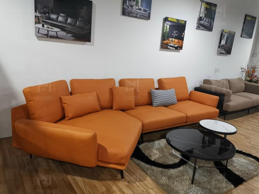 Stūra oranžs dīvāns L - formas dzīvojamās istabas sofa, dīvāna leņķa komplekts no ādas.