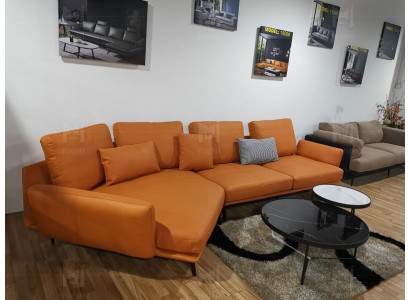 Stūra oranžs dīvāns L - formas dzīvojamās istabas sofa, dīvāna leņķa komplekts no ādas.