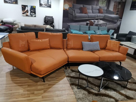 Stūra oranžs dīvāns L - formas dzīvojamās istabas sofa, dīvāna leņķa komplekts no ādas.