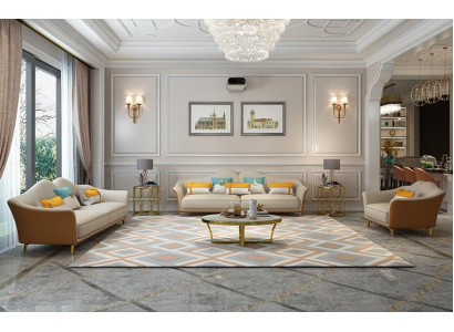 Luksusa dzīvojamā istaba komplektā ar ādas polsterētu dīvānu un auduma sofagarnitūru 3+2+1 komplekts.