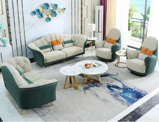 Sofas komplekts 3+2+1 sēdvietas ādas dīvāns Kanapējs komplekts dizains Beisais Zalais