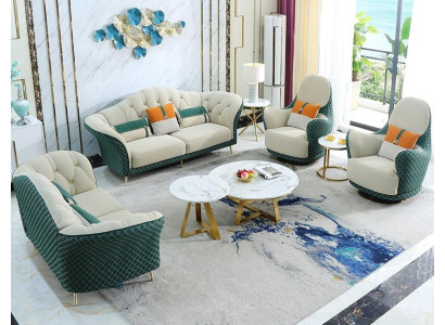 Sofas komplekts 3+2+1 sēdvietas ādas dīvāns Kanapējs komplekts dizains Beisais Zalais