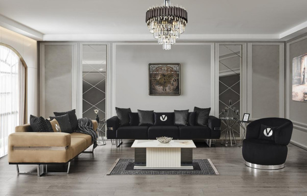 Mūsdienīgs dzīvojamā istabas komplekts Melna sofa melna krēsla galdiņš jauns