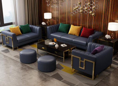 Zila dīvāngarnitūras ādas 3+2 sēdvietu komplekts, pārklāti dīvāni dzīvojamajā istabā.