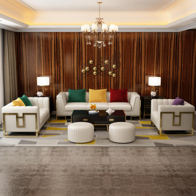 Zila dīvāngarnitūras ādas 3+2 sēdvietu komplekts, pārklāti dīvāni dzīvojamajā istabā.