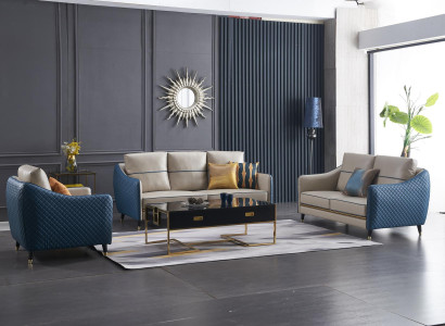 Zilganbeža 3+2 sekciju dīvānkopša komplekts ar ādas sēdekļiem dizaina mīkstām dīvānkopšām dekora mēbeles