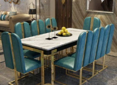 Tērauda marmora imitācijas galds + 8 krēsli ar atzveltām dēlēm ēdamistabas grupai.