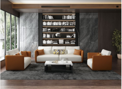 Luksusa mēbeļu kanapējas komplekts ar 3 2 1 sēdvietām, oranžs ādas pārklājums.