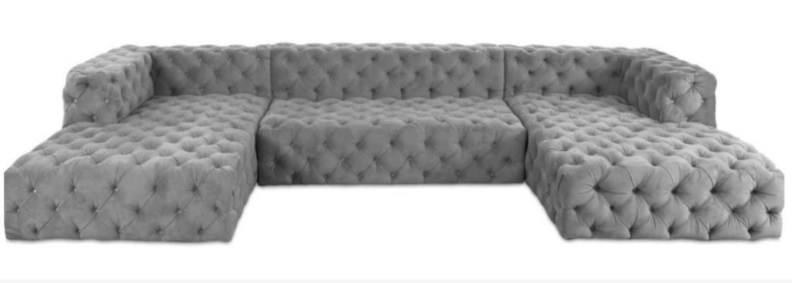 Chesterfield U veida dīvāns pelēks XXL liels tekstila auduma dīvāni luksusa mēbeles polsterējums.