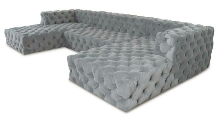 Chesterfield U veida dīvāns pelēks XXL liels tekstila auduma dīvāni luksusa mēbeles polsterējums.