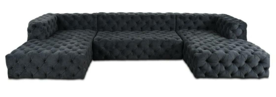 Chesterfield U veida dīvāns pelēks XXL liels tekstila auduma dīvāni luksusa mēbeles polsterējums.