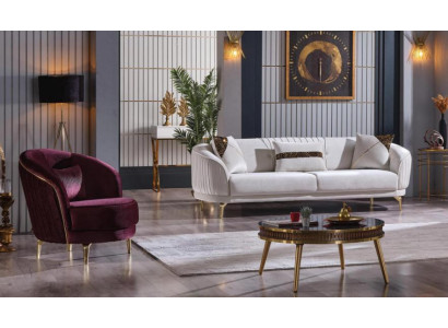Sofas komplektss ar nerūsējošā tērauda kājiņām, trīsējvietais dīvāns + krēsla, modernais dzīvojamais istabas dīvāns.