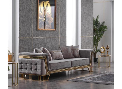 Pelēks trīsvietīgs gultas mehānisms, dizainera auduma dīvāns, luksusa dzīvojamā istaba, sēdvietu mēbele.