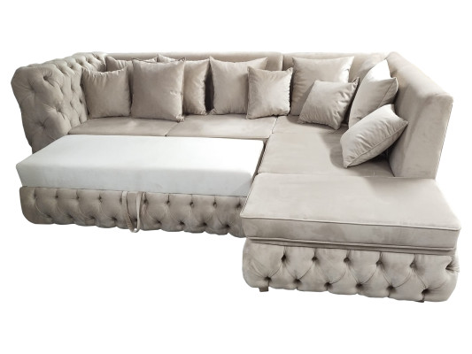 Chesterfield stūra dīvāns ar gultas funkciju, auduma mēbeles luksusa dīvāns 340 x 220