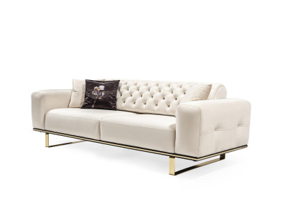 Trejosvietīgā šķīvja sofa Chesterfield 3 sēdvietu sofa balta auduma dīvāns luksusa dzīvojamā istaba