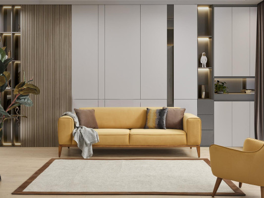 Trīsvietīgā sofa 3 sēdvietu dīvāns Dzeltens audums Dzīvojamā istaba Luksusa modernais sēdeklis