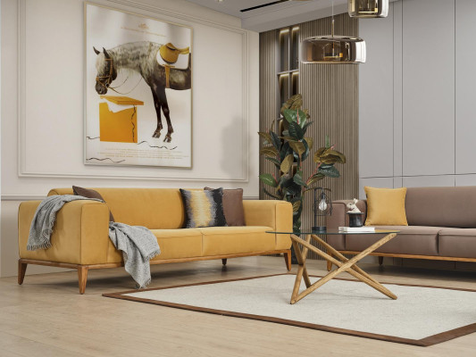 Trīsvietīgā sofa 3 sēdvietu dīvāns Dzeltens audums Dzīvojamā istaba Luksusa modernais sēdeklis