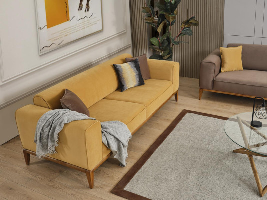 Trīsvietīgā sofa 3 sēdvietu dīvāns Dzeltens audums Dzīvojamā istaba Luksusa modernais sēdeklis