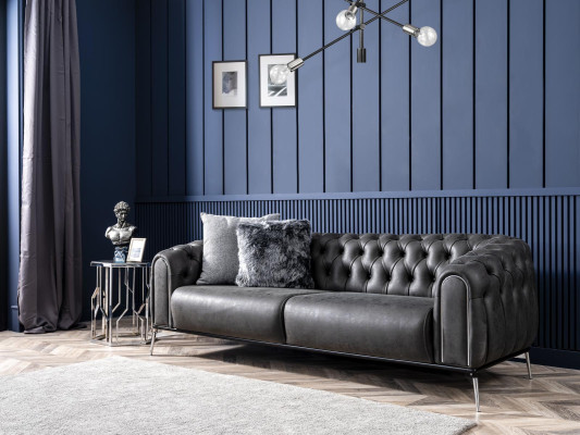 Chesterfield dīvāns 4 sēdvietu krēsli četrsekciju mākslīgā āda melna