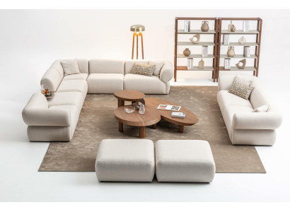 Sofa stūra sēta dzīvojamā istabā, 3-vietīgā gulta un pufa komplekts modernā dizainā.