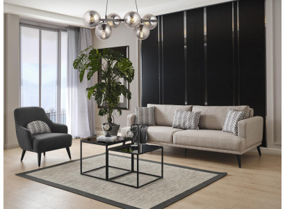 Sofa komplekts ar divvietīgu dīvānu, krēslu un mīkstu auduma pārvalku bēša krāsā, moderns poliestera komplekts