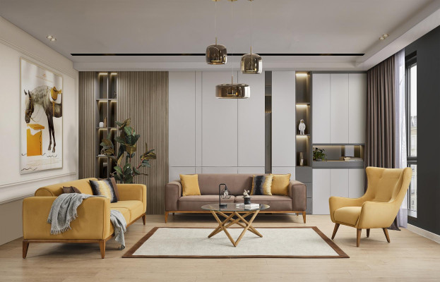 Sofas komplekts 431 sēdvietu krēsls audums dzeltenā krāsā komplekts 3 gabali jauns