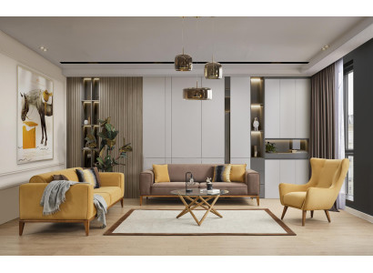 Sofas komplekts 431 sēdvietu krēsls audums dzeltenā krāsā komplekts 3 gabali jauns