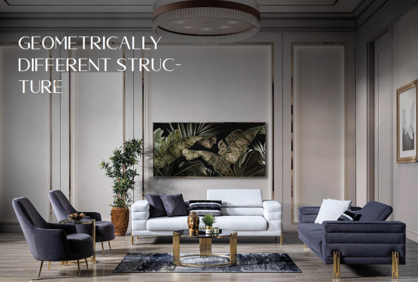 Luksusa dīvāngarnitūra ar četrām vietām dīvānu un krēslu, baltā krāsā, moderns komplekts.