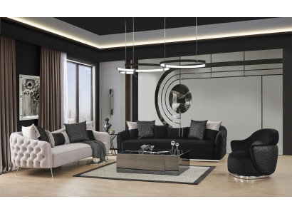 Sofasēžu komplekts Dīvāns Krēsls 431 Sēdvietas Audums Luksusa Dīvāni Balts Melns