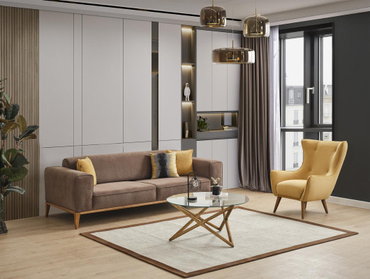Sofas komplekts Kanapē 4-vietīgais krēsls Dzeltens audums Brūns Moderns Cetrvietīgais