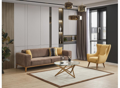 Sofas komplekts Kanapē 4-vietīgais krēsls Dzeltens audums Brūns Moderns Cetrvietīgais