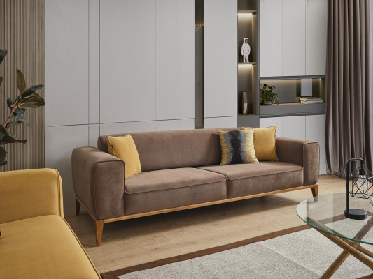 Sofas komplekts Kanapē 4-vietīgais krēsls Dzeltens audums Brūns Moderns Cetrvietīgais