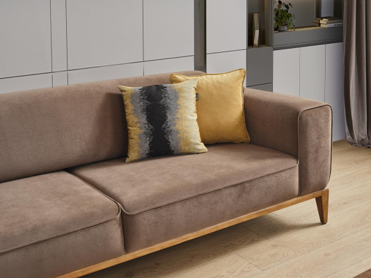 Sofas komplekts Kanapē 4-vietīgais krēsls Dzeltens audums Brūns Moderns Cetrvietīgais