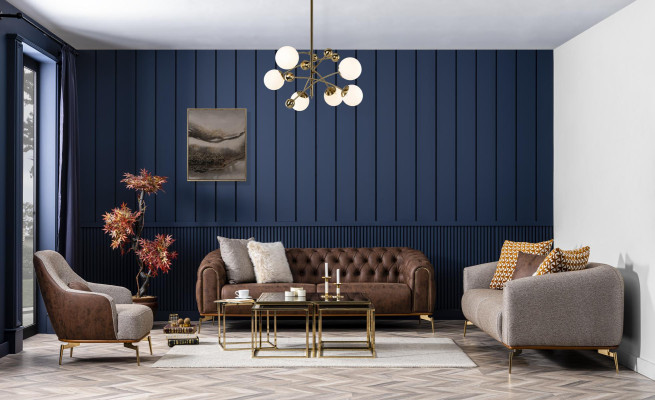 Sofas komplektkarnīts 431-vietīgs dīvāns ar auduma brūnu apdari 3 gabalos