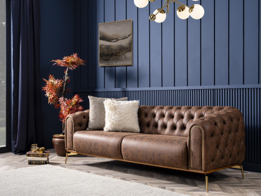 Chesterfield četruvietīgā sofa 4 vietu sēdeklis poliesters brūns mākslīgais āda