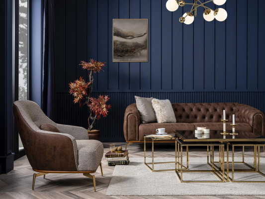 Chesterfield četruvietīgā sofa 4 vietu sēdeklis poliesters brūns mākslīgais āda