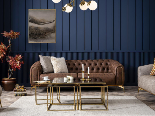 Chesterfield četruvietīgā sofa 4 vietu sēdeklis poliesters brūns mākslīgais āda