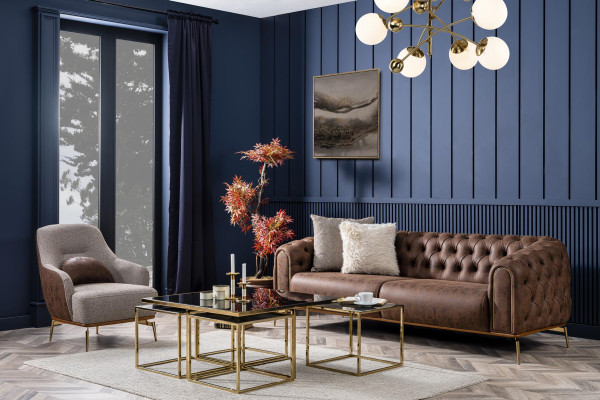Chesterfield četruvietīgā sofa 4 vietu sēdeklis poliesters brūns mākslīgais āda