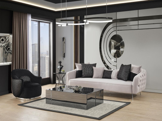 Moderns Sofasets Nojumes ar trīsžoku dīvānu, krēslu un trīsēšiem gaiši baltā krāsā no poliestera auduma.