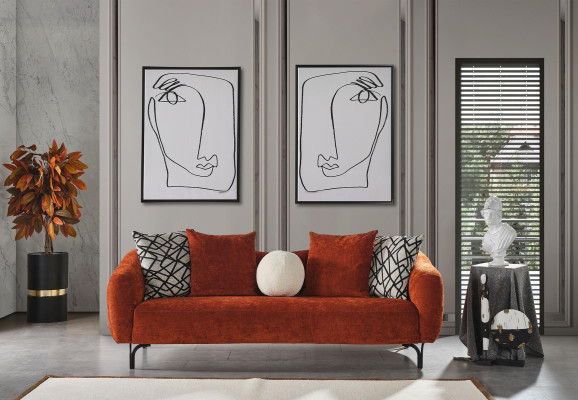 Trīsvietīgā sofa 3 vietas dizaina mūsdienīgs audums oranžā krāsā dzīvojamajā istabā