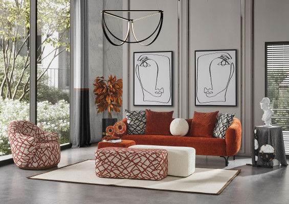 Trīsvietīgā sofa 3 vietas dizaina mūsdienīgs audums oranžā krāsā dzīvojamajā istabā