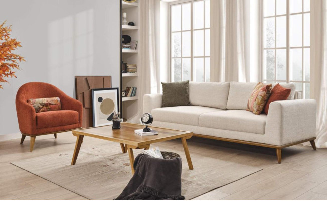 Sofas komplekta 3 + 1 sēdvietu dizaina mēbelēs 2 gabalos gaiši beige krāsā, auduma dīvāns