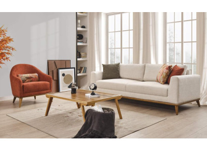 Sofas komplekta 3 + 1 sēdvietu dizaina mēbelēs 2 gabalos gaiši beige krāsā, auduma dīvāns