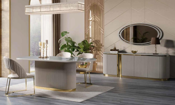 Ovāls Sideboard xxl 220cm Komoda Skapis Komodes Zeltains rotājums Jauns
