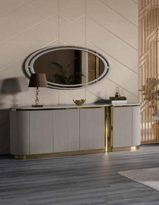Ovāls Sideboard xxl 220cm Komoda Skapis Komodes Zeltains rotājums Jauns