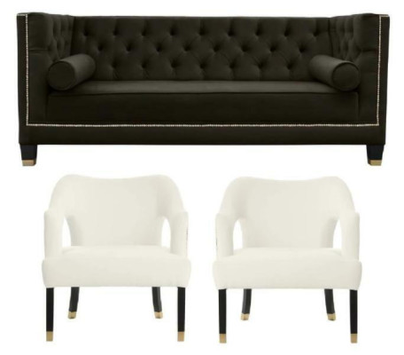 Chesterfield+2 krēsli Melns Balts XXL Big Tekstila Audums Dīvāns Radoša