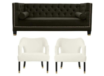 Chesterfield+2 krēsli Melns Balts XXL Big Tekstila Audums Dīvāns Radoša