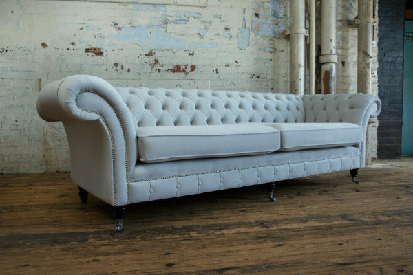 Pelēks Chesterfield 4 vietu mīkstais dīvāns Moderns stils audekls Samta tekstila audums dīvāns