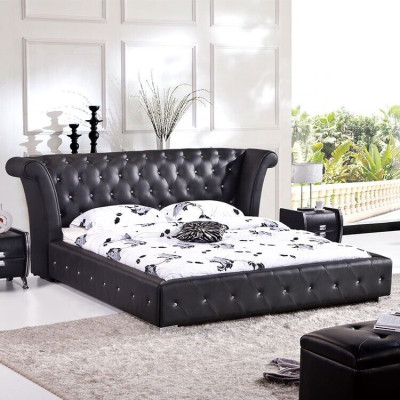 Chesterfield Lielgabalu gulta XXL Galvasgalds Gultas Polster Hotela Samts Melns Audums Austiņas