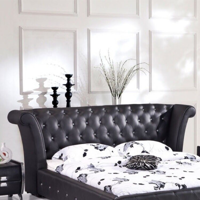 Chesterfield Lielgabalu gulta XXL Galvasgalds Gultas Polster Hotela Samts Melns Audums Austiņas